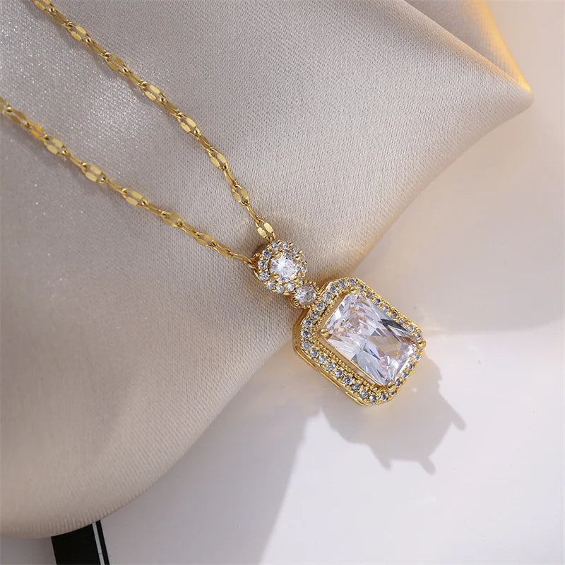titanium steel green zircon necklace for women gold chain pendant necklace with rectangular zircon crystal charm close-up