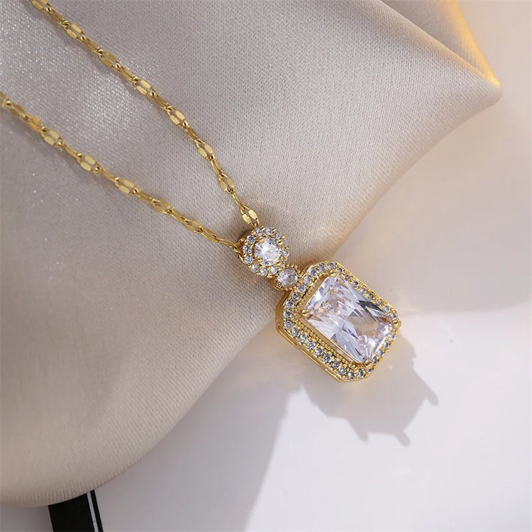 titanium steel green zircon necklace for women gold chain pendant necklace with rectangular zircon crystal charm close-up