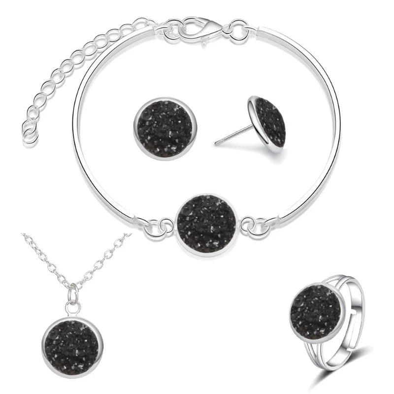 Luxury Quality Quartz Rhinestone Jewelry Sets for Women Simple Round Earrings Necklaces Set Bridal 4 Piece Silver Plated Jewelry - DaHui