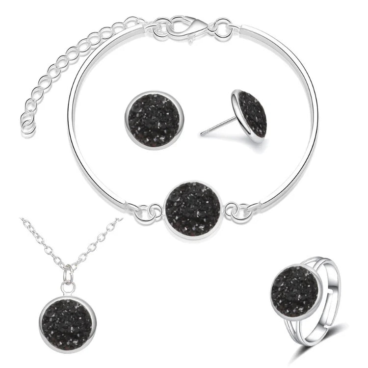 Luxury Quality Quartz Rhinestone Jewelry Sets for Women Simple Round Earrings Necklaces Set Bridal 4 Piece Silver Plated Jewelry - DaHui