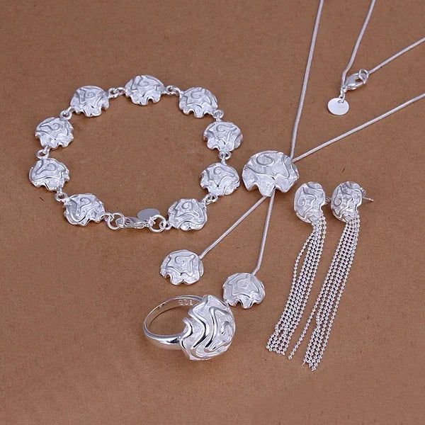 Alt Tag: silver rose bridal jewelry set - Hot Wedding Elegant Roses Flower Ring, elegant copper alloy bridal jewelry set for engagement