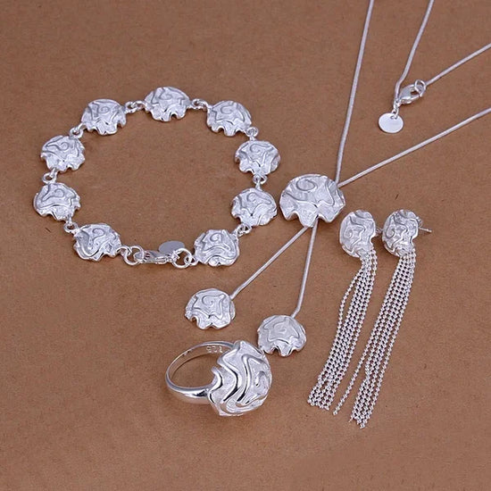 Alt Tag: silver rose bridal jewelry set - Hot Wedding Elegant Roses Flower Ring, elegant copper alloy bridal jewelry set for engagement