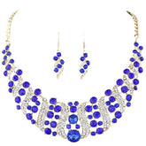 crystal bridal necklace and earrings set with blue rhinestones and matching drop earrings for wedding bridal jewelry