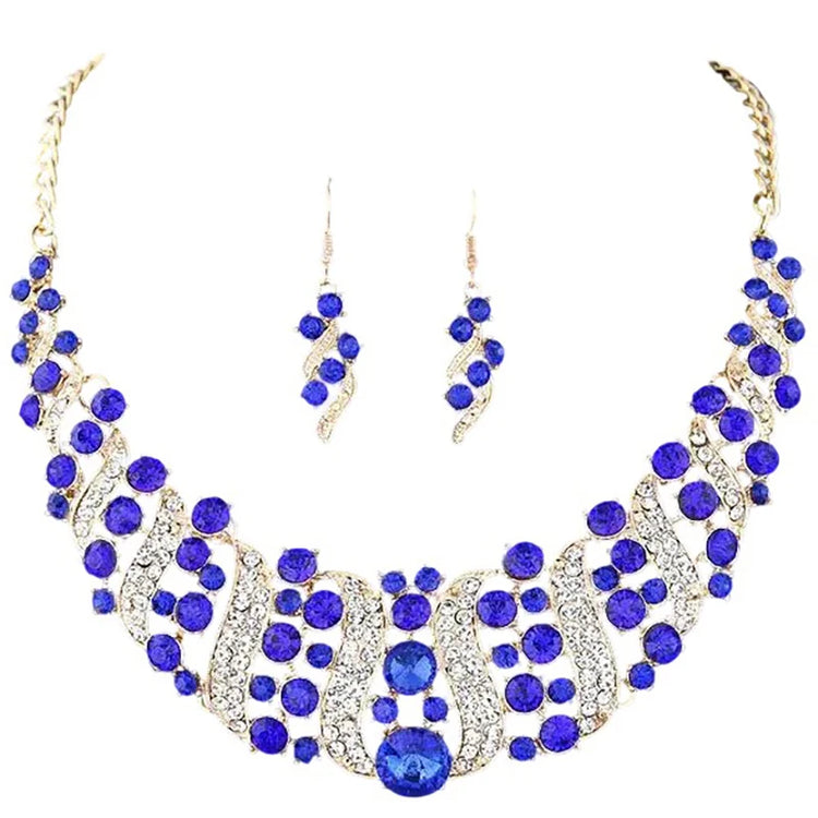 crystal bridal necklace and earrings set with blue rhinestones and matching drop earrings for wedding bridal jewelry