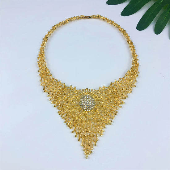 Alt Tag: 18K gold plated jewelry set for women gold statement necklace with crystal centerpiece, elegant party wedding accessory