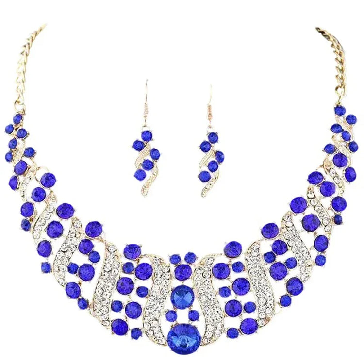 Alt Tag: crystal bridal necklace and earrings set with blue crystals and rhinestones, elegant wedding jewelry set