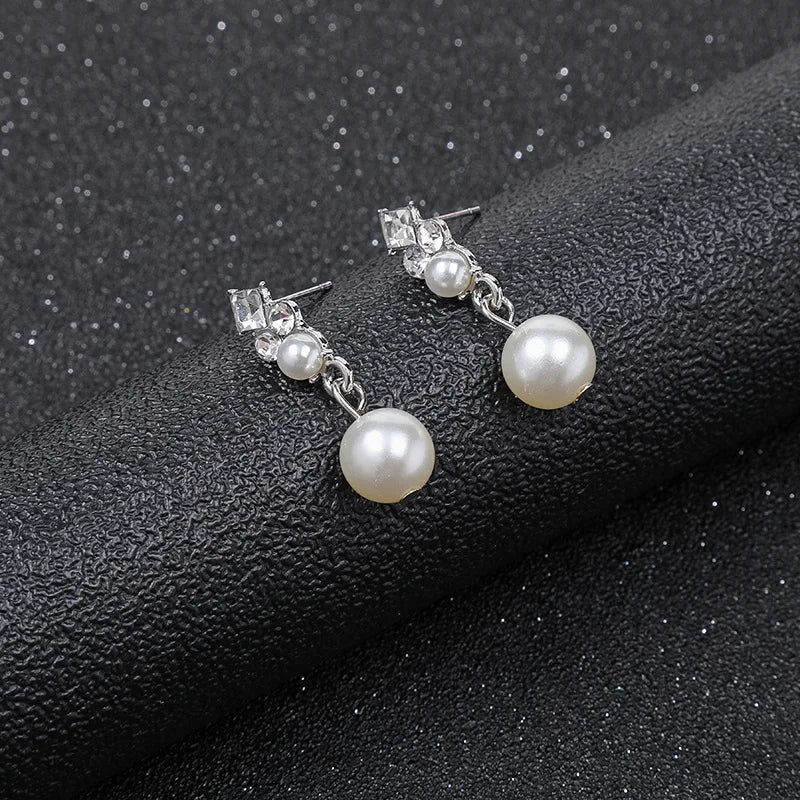 Alt Tag: pearl necklace and earrings set for women - silver drop earrings with white pearl dangles and crystal stud accents