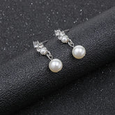Alt Tag: pearl necklace and earrings set for women - silver drop earrings with white pearl dangles and crystal stud accents