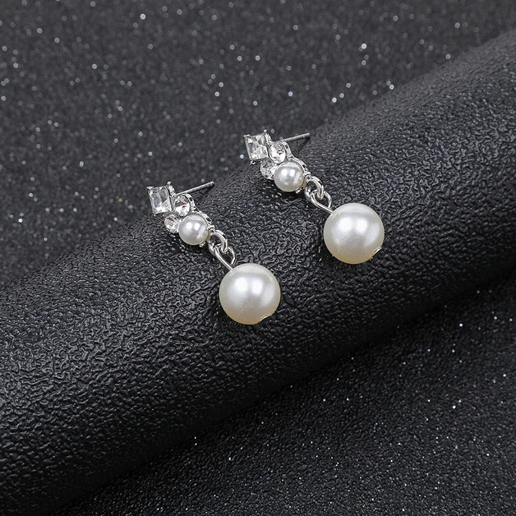 Alt Tag: pearl necklace and earrings set for women - silver drop earrings with white pearl dangles and crystal stud accents