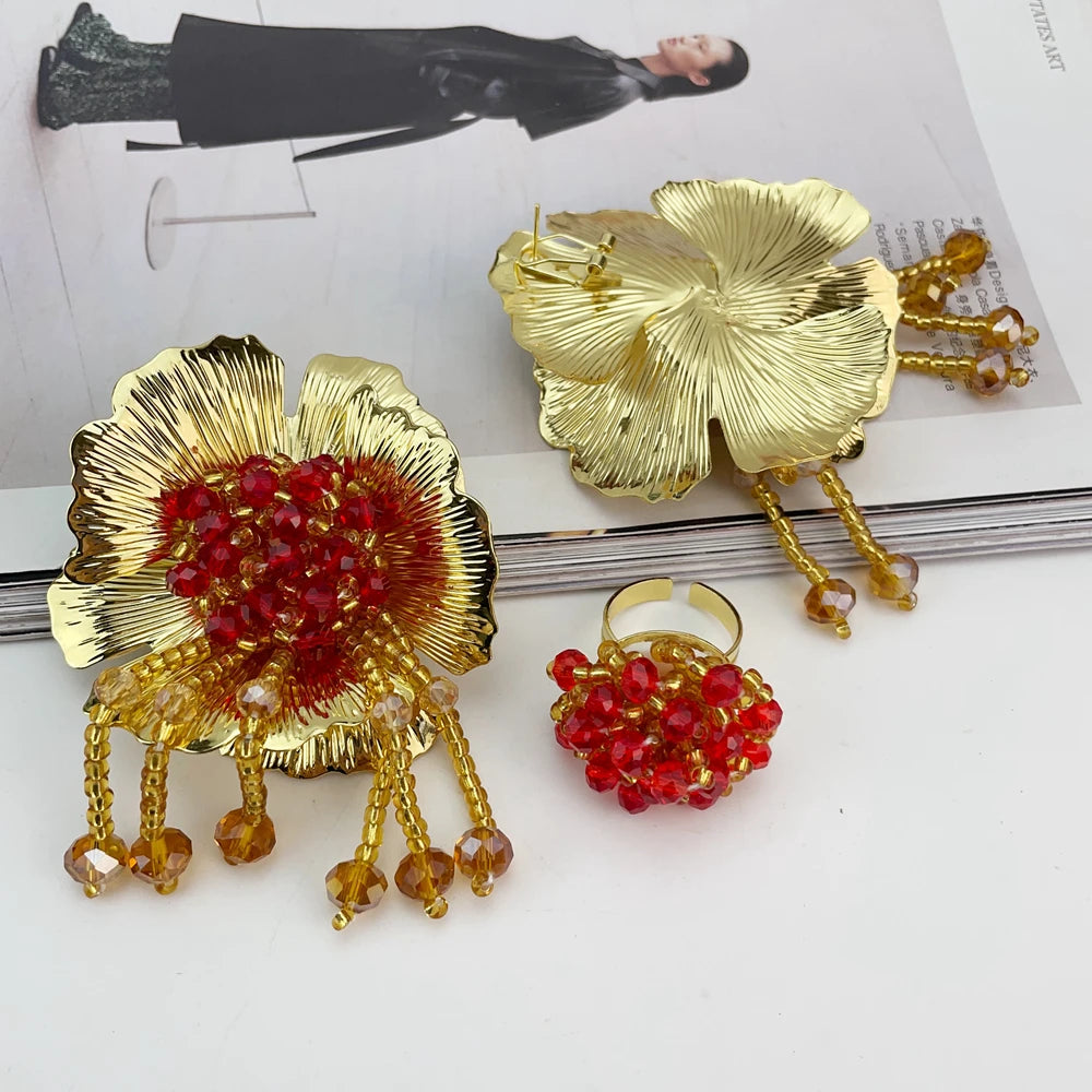brazilian bridal jewelry set for women elegant gold-tone crystal flower jewelry set for wedding
