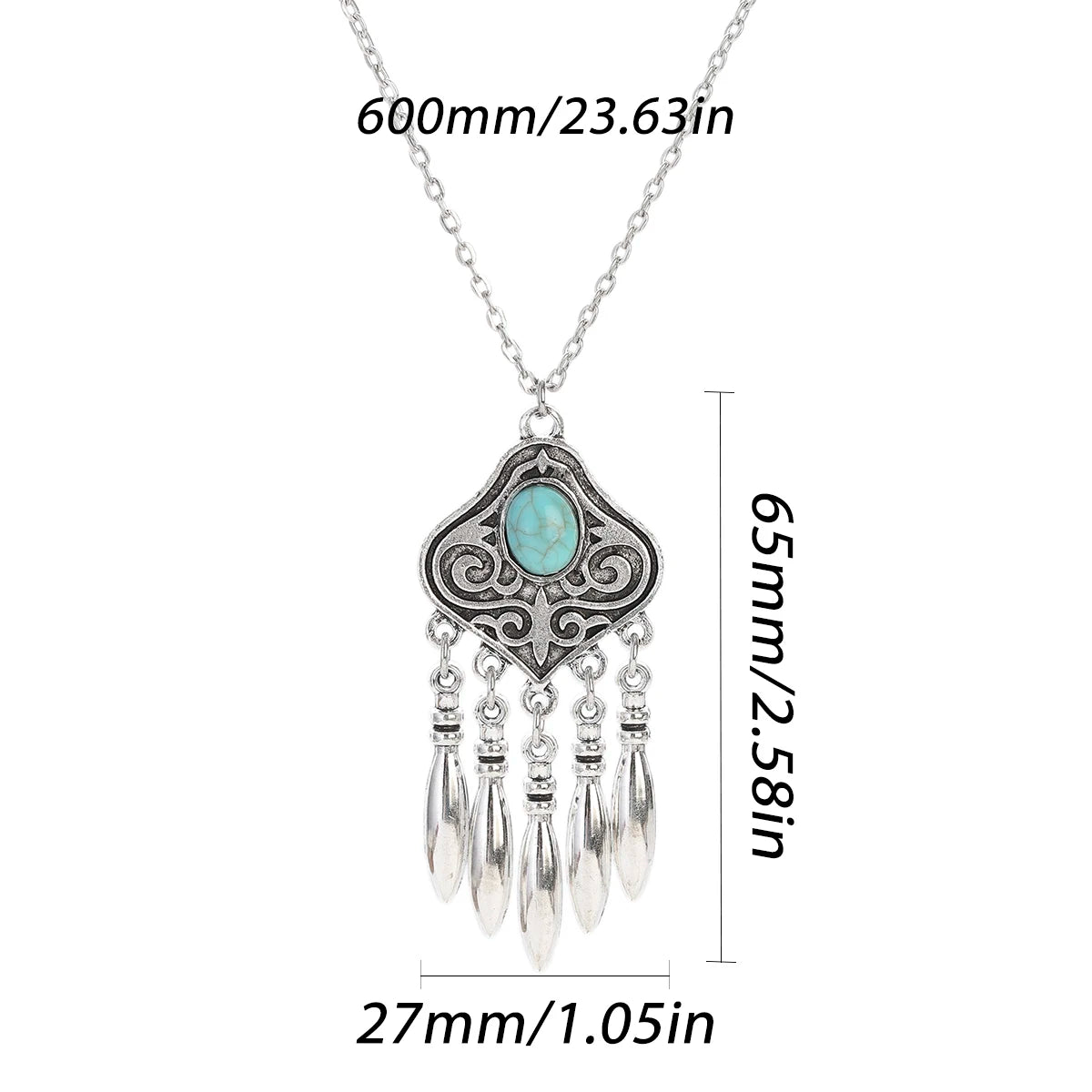 silver plated turquoise indian jewelry set necklace pendant with turquoise stone and tassel drops, 600mm chain, 65mm pendant