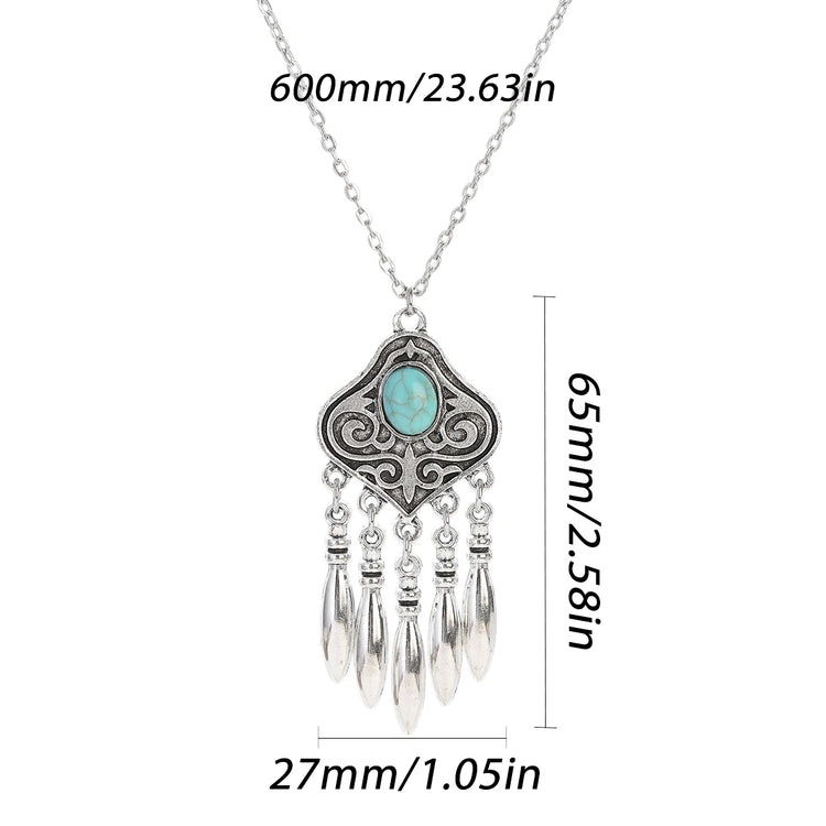 silver plated turquoise indian jewelry set necklace pendant with turquoise stone and tassel drops, 600mm chain, 65mm pendant