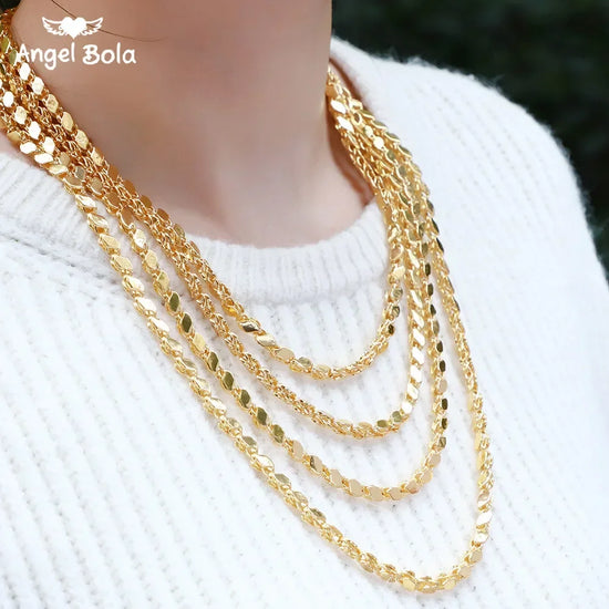 gold Islamic necklace 70cm displayed elegantly on a model, showcasing its multiple layered design and shine.