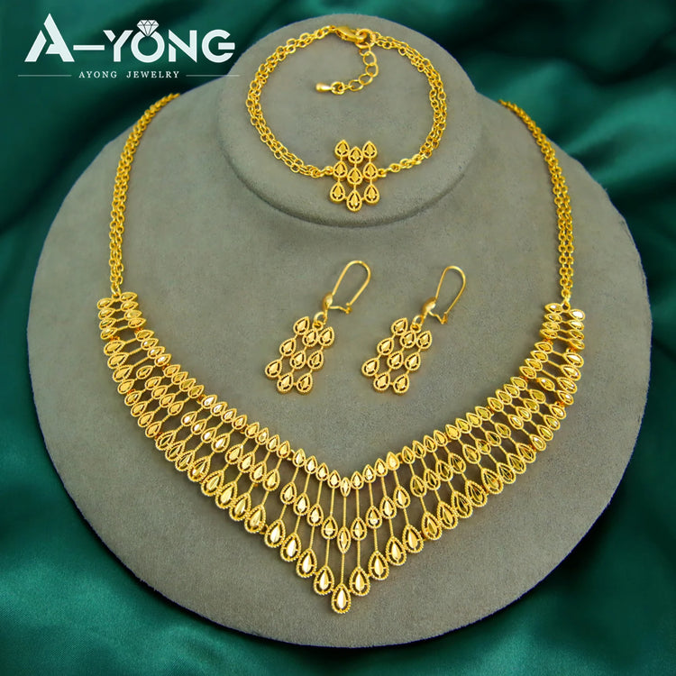 Alt Tag: Turkish vintage 21k gold plated Dubai bridal jewelry set necklace bracelet earrings wedding