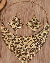 Vintage leather leopard print jewelry set bib necklace and dangle earrings, fashion necklace and earrings set for party