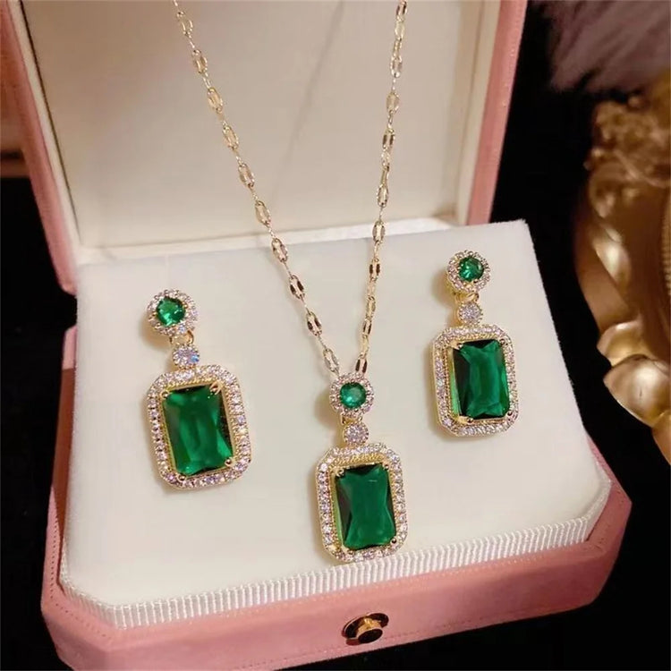 emerald green zircon wedding jewelry set with pendant necklace and matching drop earrings in gold-tone, sparkling halo stones, gift box