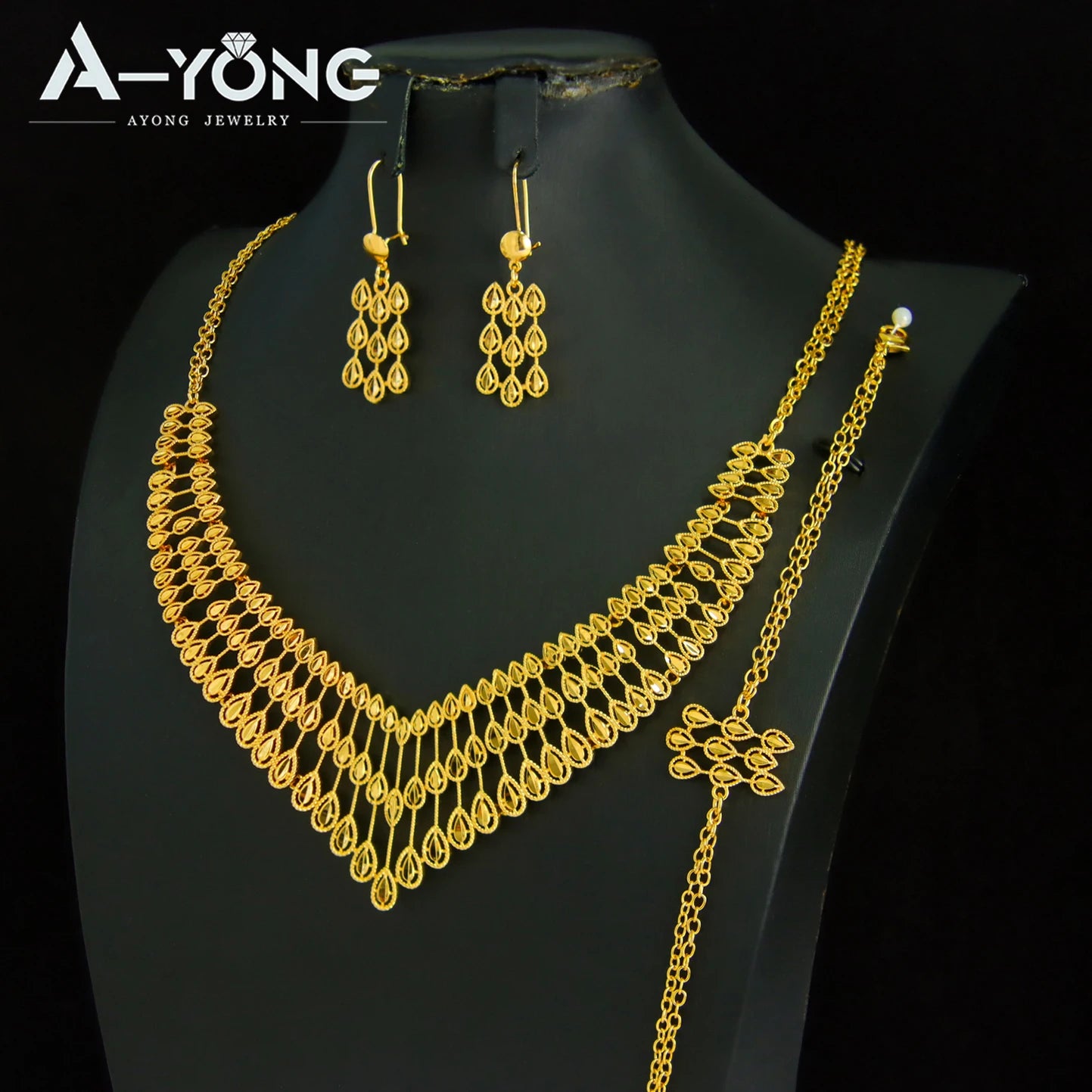 Turkish vintage 21k gold plated Dubai bridal jewelry set necklace earrings bracelet for wedding