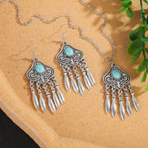 Alt Tag: silver plated turquoise indian jewelry set necklace and earrings with turquoise stones, engraved silver tone pendants and dangle charms