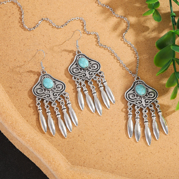 Alt Tag: silver plated turquoise indian jewelry set necklace and earrings with turquoise stones, engraved silver tone pendants and dangle charms