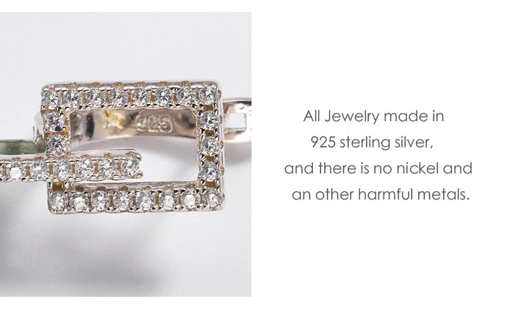 Alt Tag: 925 sterling silver jewelry set for women close-up square crystal link, hypoallergenic nickel-free sterling silver