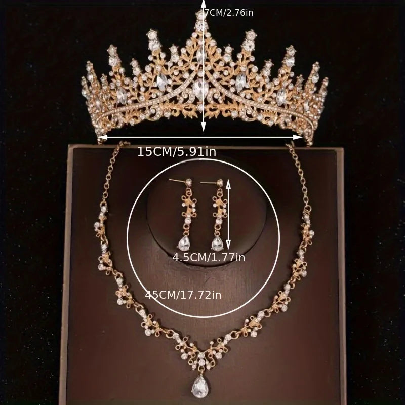 Bridal Wedding Jewelry 4-piece Set, Alloy Crystal Crown&Crystal Necklace&Earrings Women's Classic Wedding Tiaras - DaHui