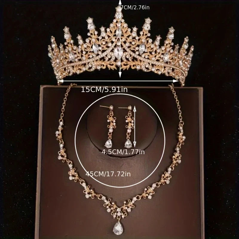 Bridal crystal tiara necklace and earrings set, gold-tone crown with teardrop crystal necklace and drop earrings