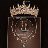 Bridal crystal tiara necklace and earrings set, gold-tone crown with teardrop crystal necklace and drop earrings