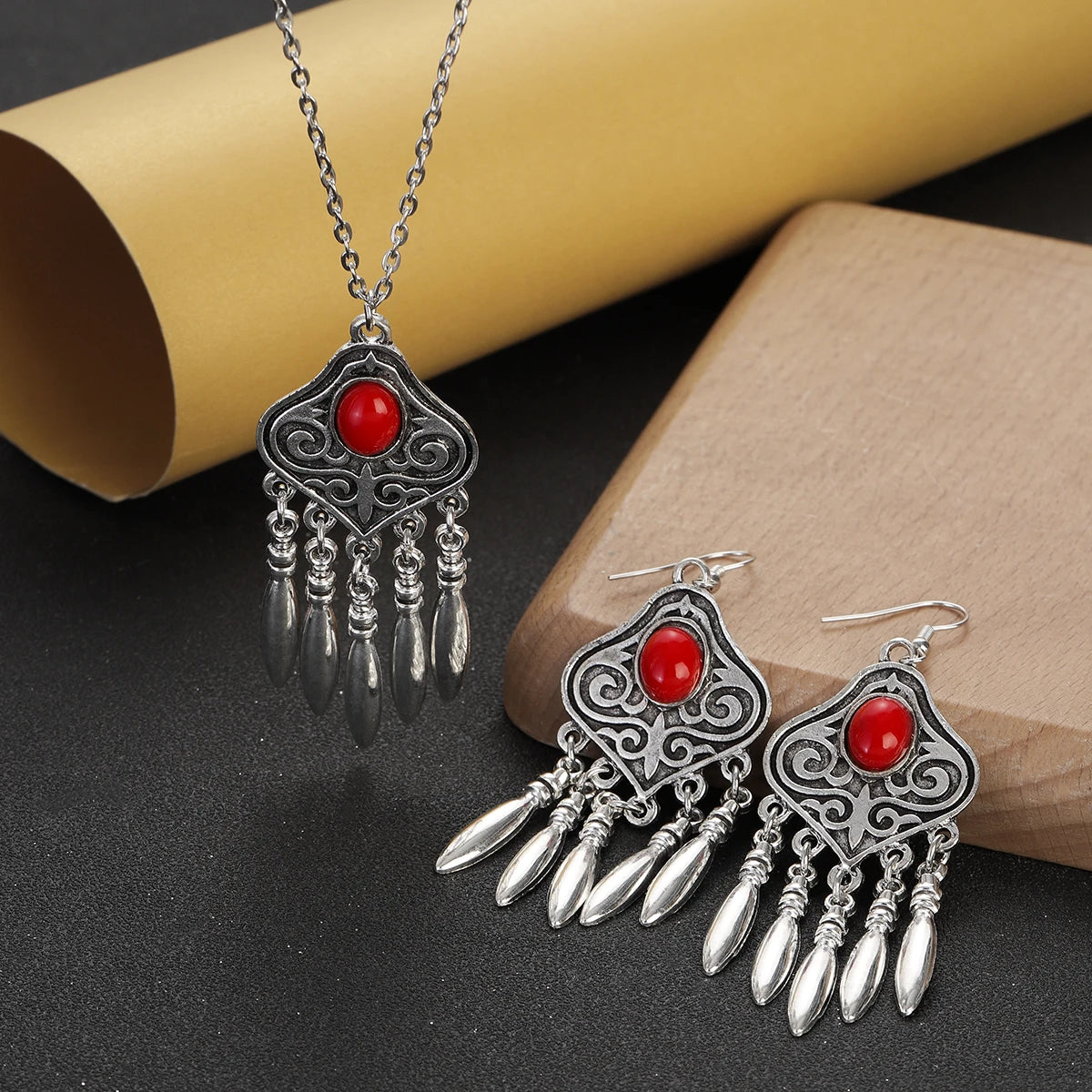 silver plated turquoise indian jewelry set pendant necklace and dangling earrings with red stones, boho tribal style, fashion set