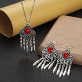 silver plated turquoise indian jewelry set pendant necklace and dangling earrings with red stones, boho tribal style, fashion set