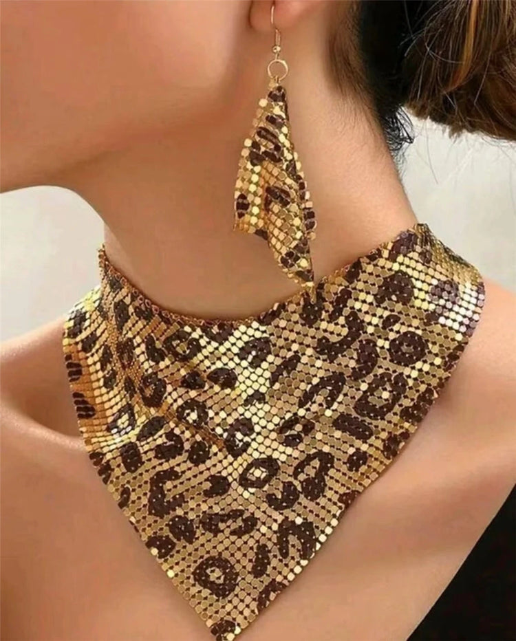 Fashion leather leopard print jewelry set bib necklace and dangle earrings for party night out