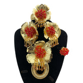 brazilian bridal jewelry set for women vintage gold-tone alloy flower necklace earrings ring bracelet wedding occasion