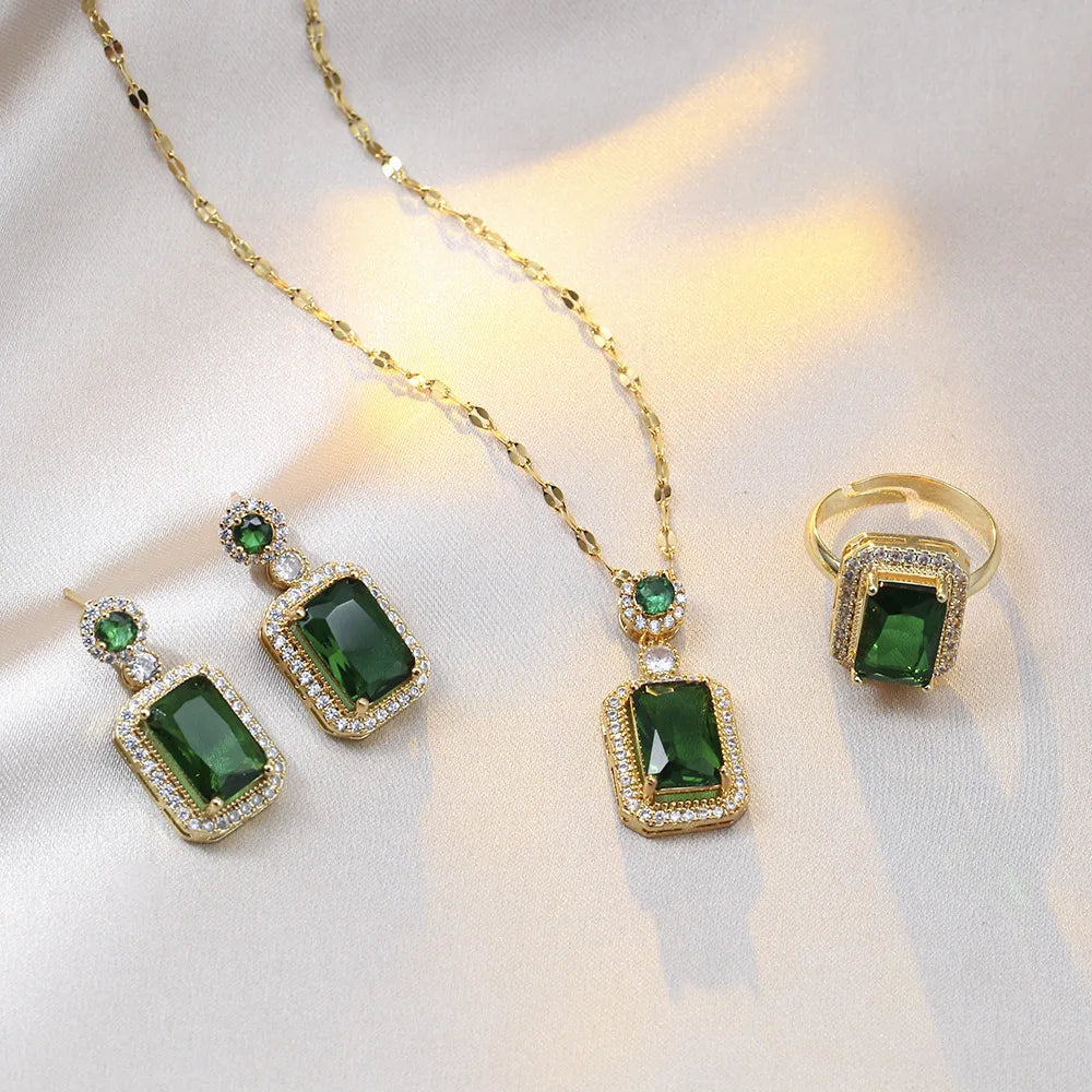 4PCS Sets Exquisite Quadrate Rhinestone Necklace Earrings Ring Jewelry Set Charm Ladies Jewelry Fashion Bridal Gifts - DaHui