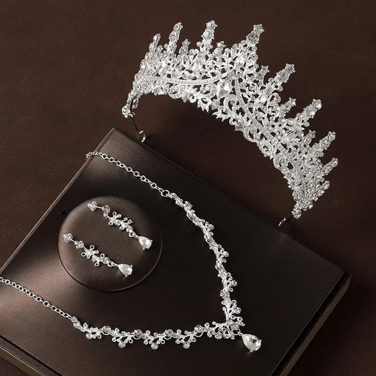 bridal crystal tiara necklace earrings set with silver alloy crown, crystal necklace and drop earrings for wedding bridal jewelry